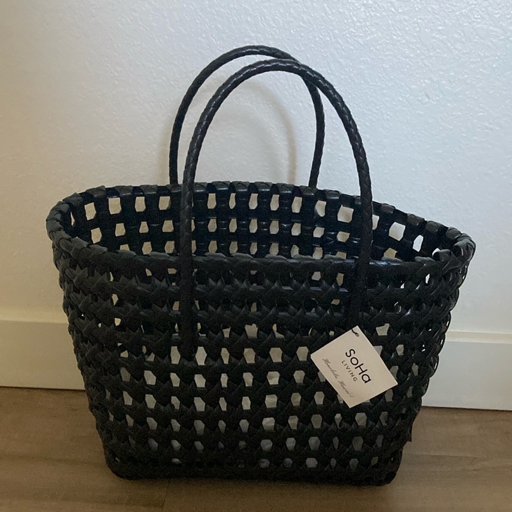 Black VEGAN Woven Tote Bag with Open Weave Design and Sturdy Handles
